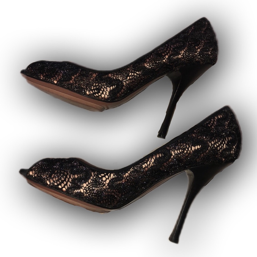 Missoni Nude Satin Black Lace Peep Toe Court Shoe with Stacked Heel